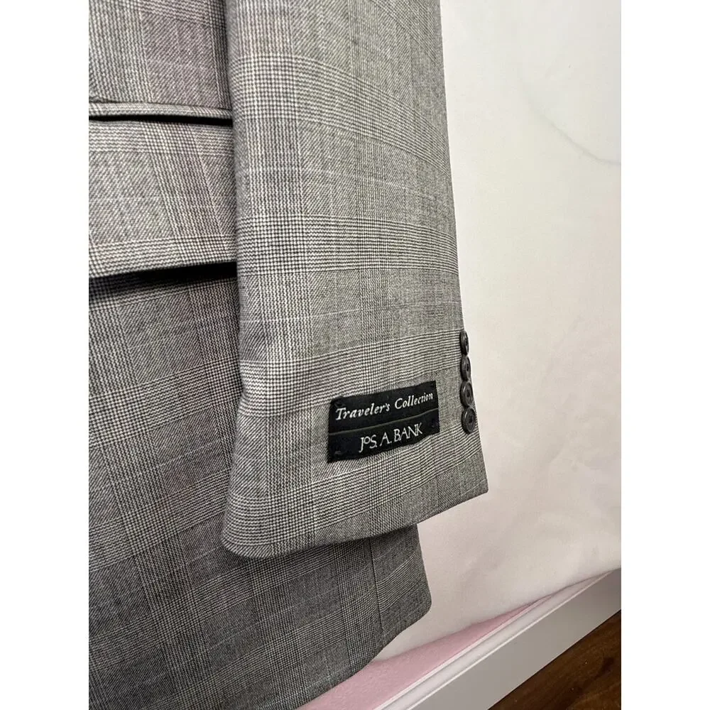 Jos A Bank 100% Wool Suit Gray Glen Plaid Classic 42L 38xUnfinished $585Retail